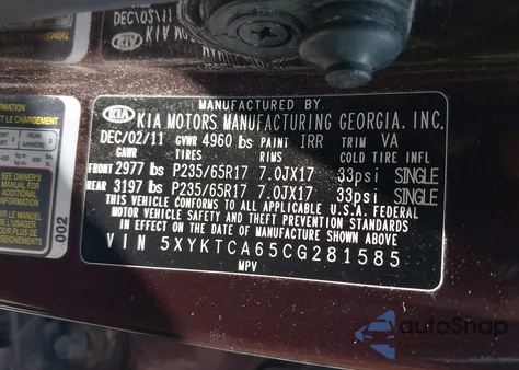 2012 Kia Sorento Lx from USA, damaged, VIN 5XYKTCA65CG281585